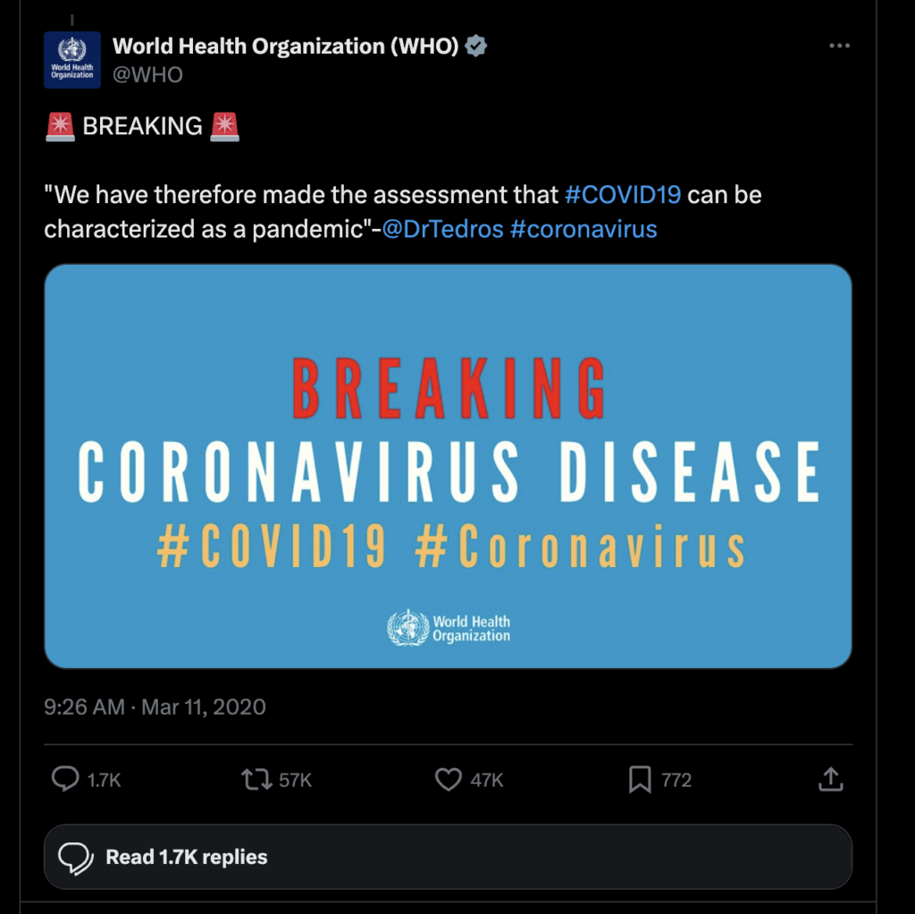 Image from Twitter with a tweet from the WHO, where they characterized COVID-19 as a pandemic 